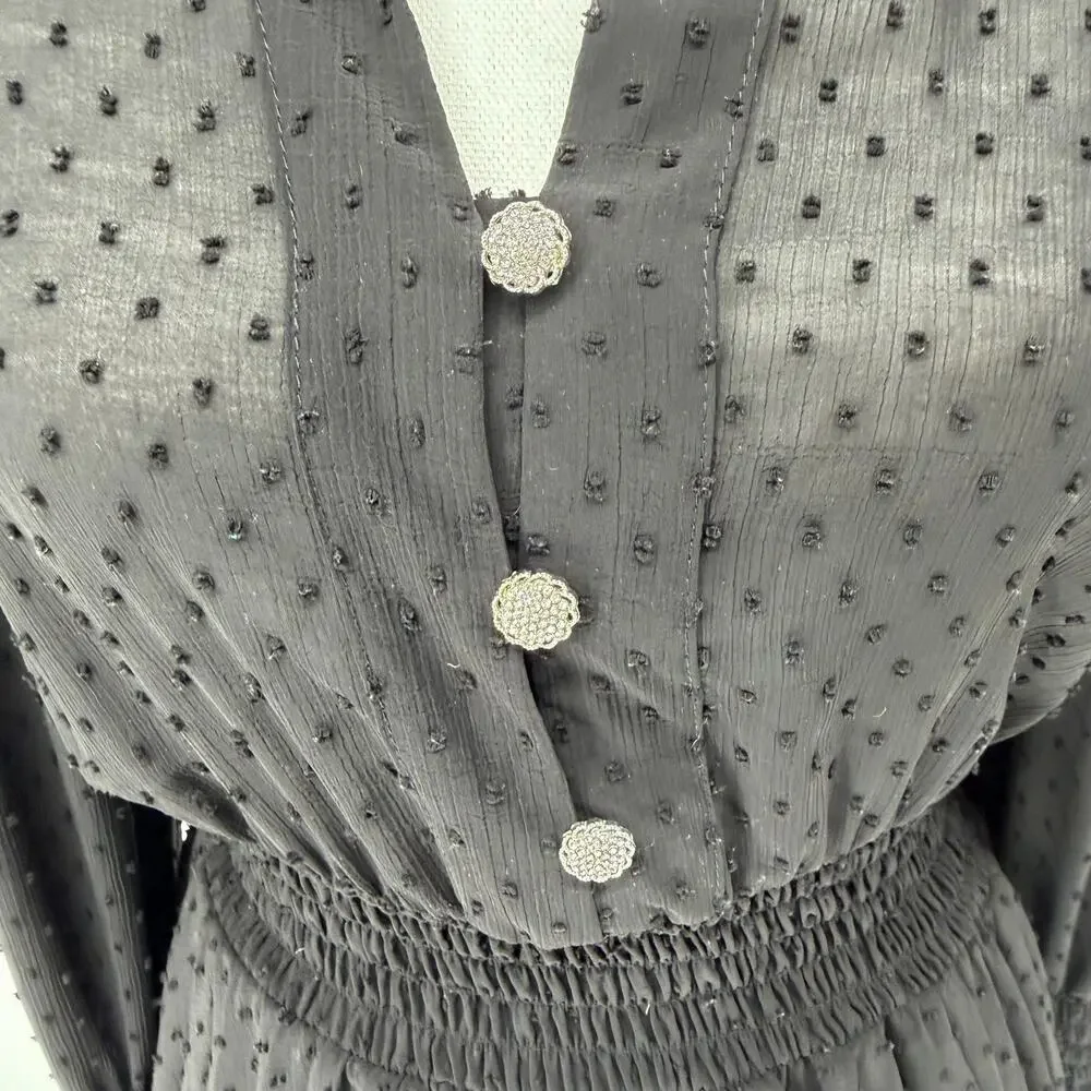Zara Black Chiffon Swiss Dot Smocked Detail Mini Dress Small - Picture 6 of 9